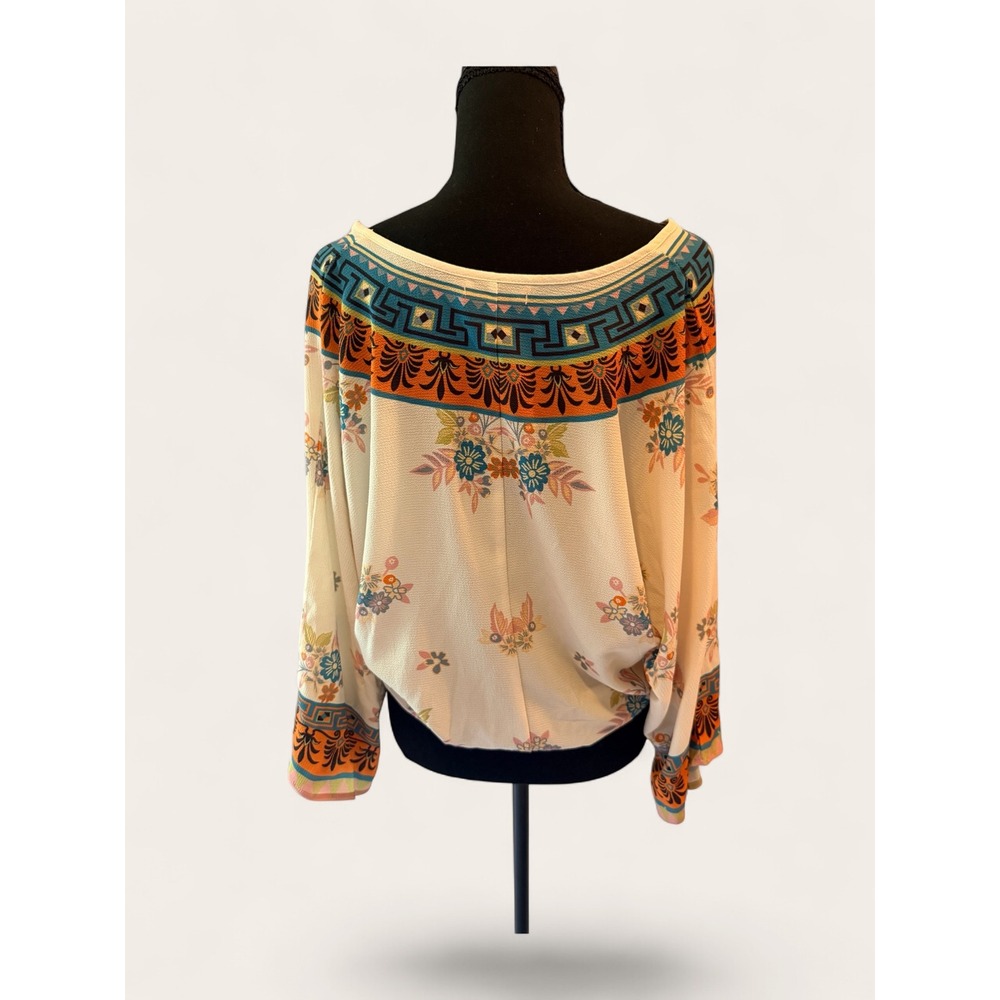"Desert Carnival Bloom" Boho Floral Geometric Wrap Blouse Batwing Large - Picture 6 of 11